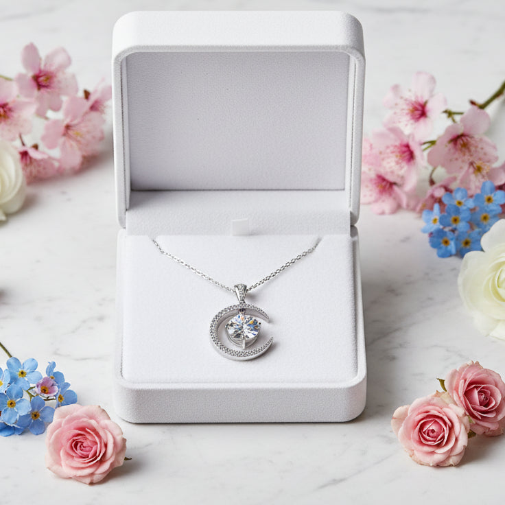 Crescent Moon & Star 2.3 Carat Moissanite Necklace set in 18K White Gold Plated 925 Silver (GRA) Capella Jewellery