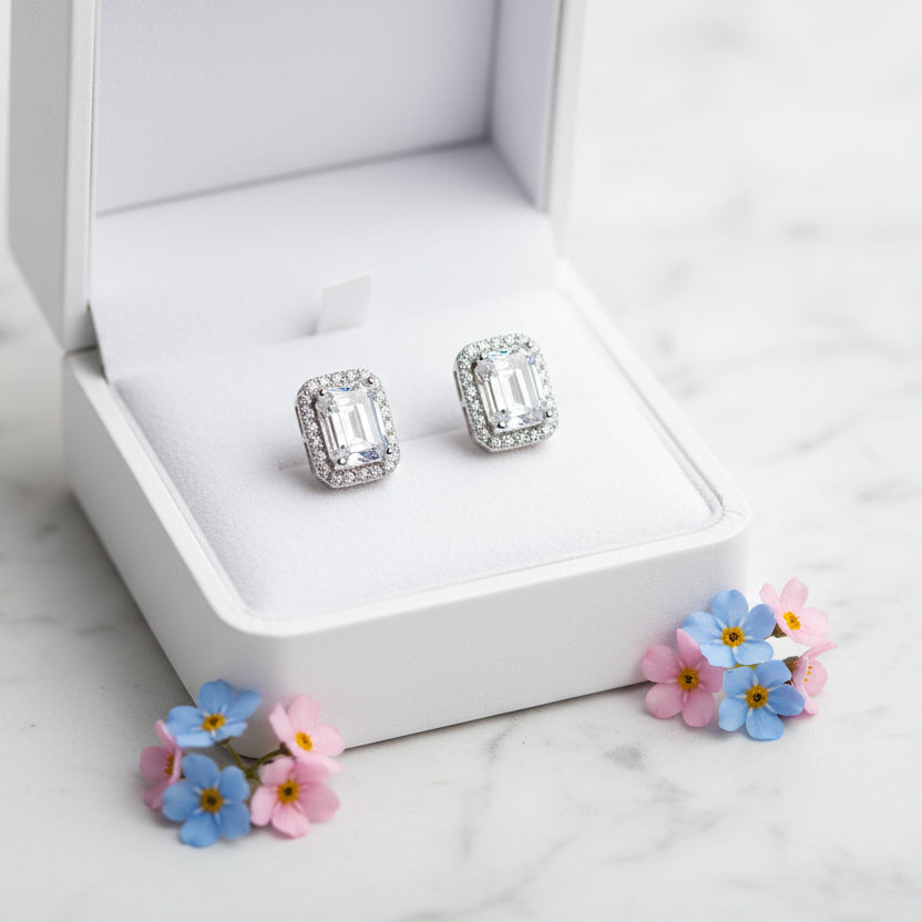 Italian Large Emerald Cut Design 4 Carat Moissanite Diamond Earrings set in 925 Silver (GRA)