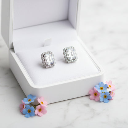 Italian Large Emerald Cut 4 Carat Moissanite Earrings in 18K White Gold Plated 925 Silver (GRA) Capella Jewellery in a box