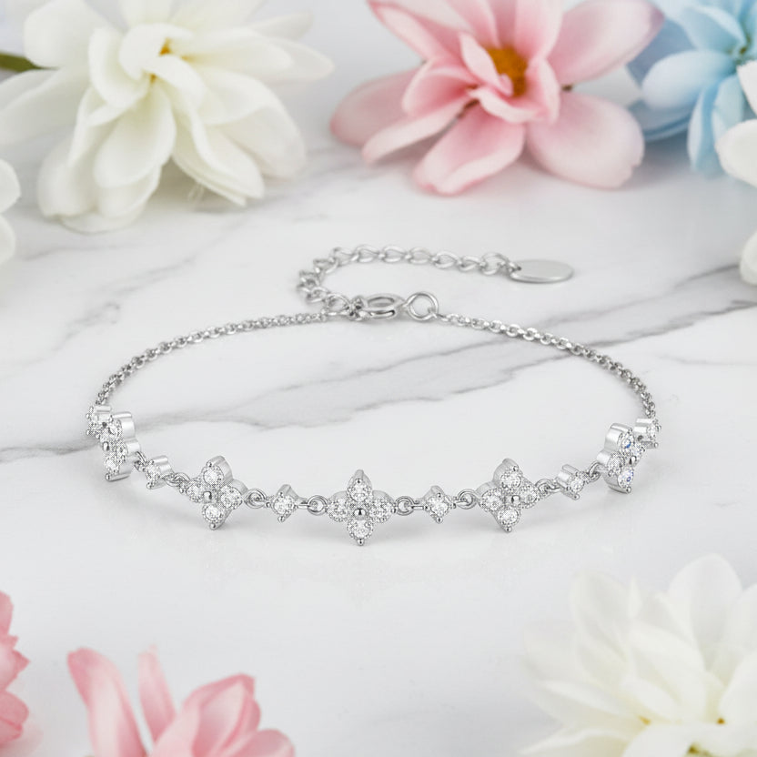 Five Flower Natural Zircon Gemstone Bracelet set in 18K White Gold Plated 925 Silver