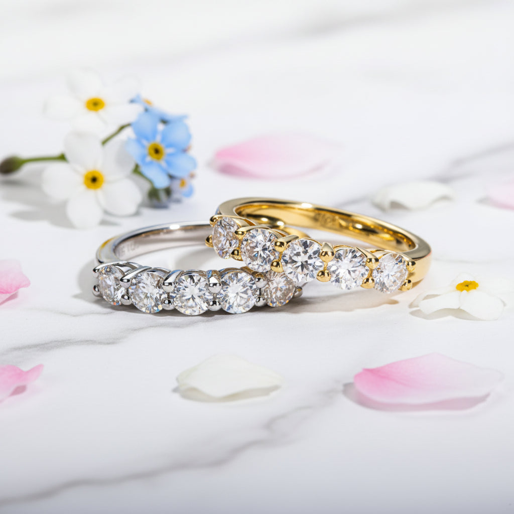 Eternity Five Row 1.5 Carat Moissanite Diamond Ring set in 18K White Gold Plated 925 Silver (GRA)
