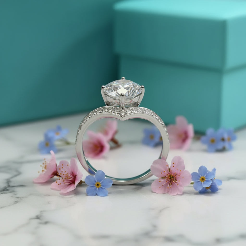 French Chevron Solitaire Pave Inlay 1 Carat Moissanite Diamond Ring set in 18K White Gold 925 Silver