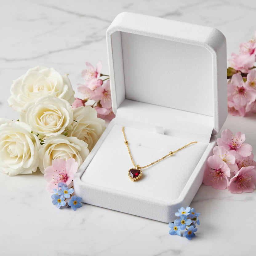 Red Heart Natural Zircon Pendant Necklace set in 18K Gold Plated 925 Sterling Silver
