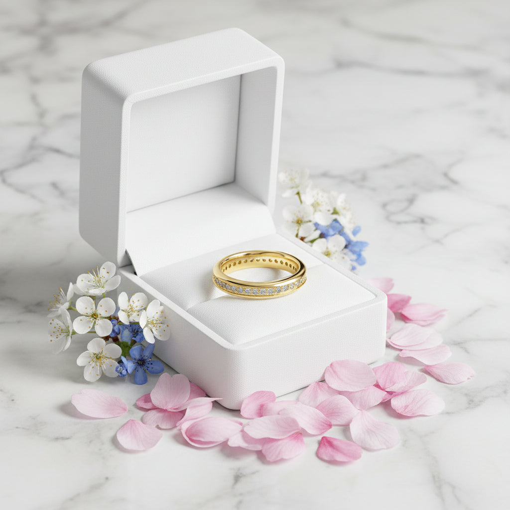 European Eternity Pavé Micro Inlay Natural Zircon Gemstone Ring set in 18K Gold 925 Silver