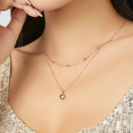Silver Heart Twin Layer Necklace set in 18K White Gold Plated 925 Sterling Silver