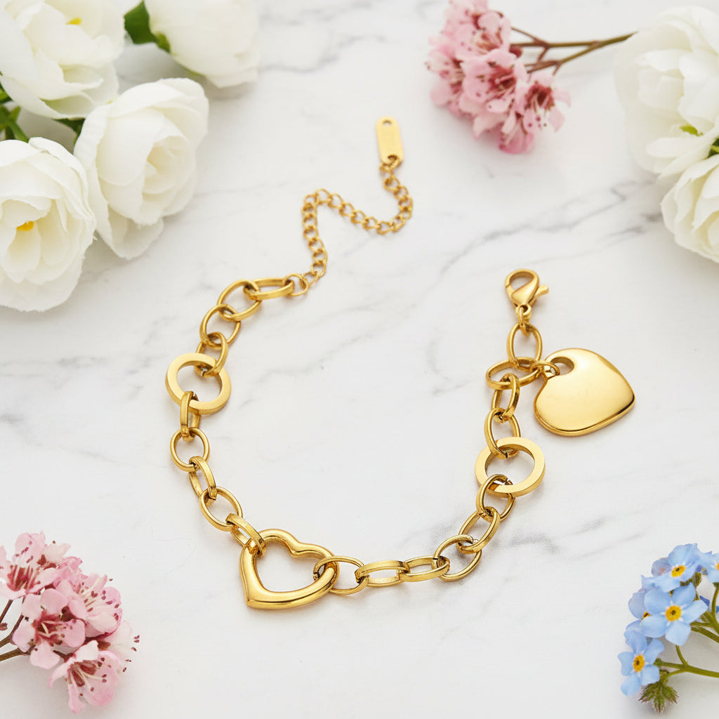 French Designed Chic Heart Shaped Chain Bracelet set in 18K Gold Plating