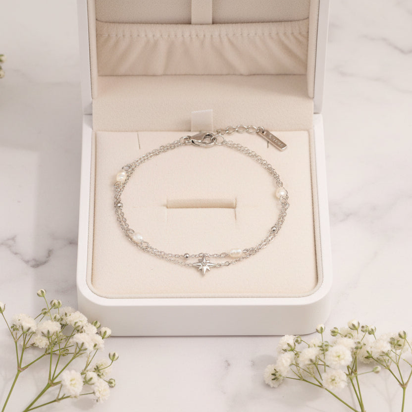 Six-Pointed Star or Heart Double-layer Pearl Necklace and Bracelet set in 18K Gold Plating Capella Jewellery