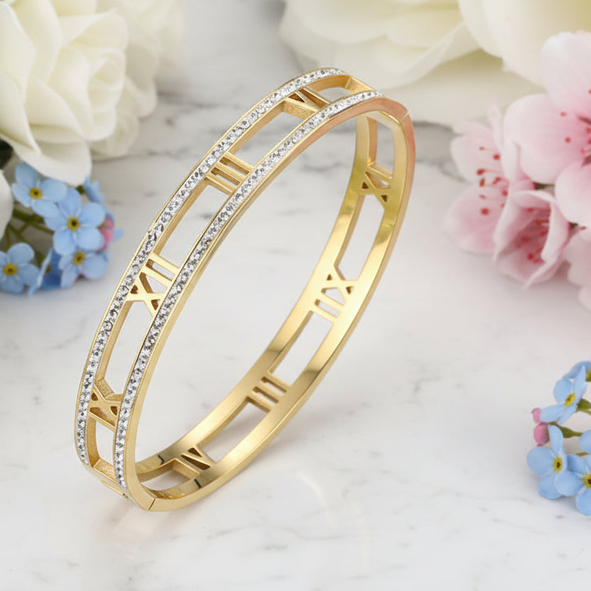 Roman Numerals Micro-Inlay Natural Zircon Gemstone Bracelet set in 18K Gold Plating