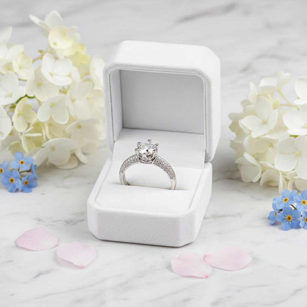 European Six-Claw Pavé 1 Carat Moissanite Diamond Ring in 18K White Gold Plated 925 Silver (GRA)