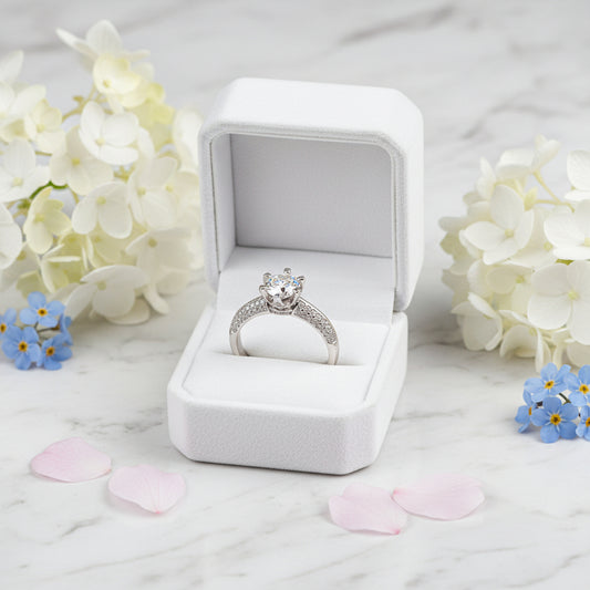 European Six-Claw Pavé 1 Carat Moissanite Diamond Ring in 18K White Gold Plated 925 Silver (GRA)