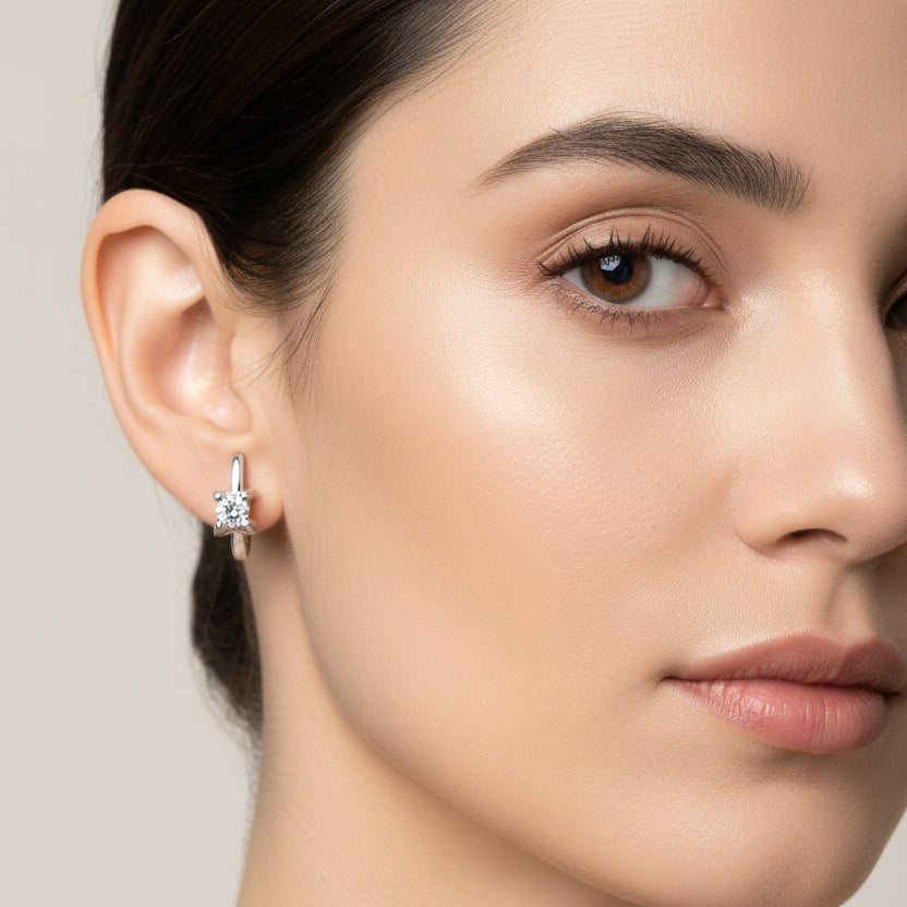 Italian Inspired 1 Carat Moissanite Earrings set in 18K White Gold 925 Sterling Silver (GRA) Capella Reya in ear