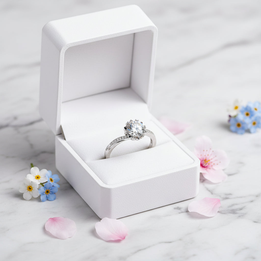 Snowflake Solitaire 2 Carat Moissanite Diamond Ring set in Platinum plated 925 Silver (GRA)