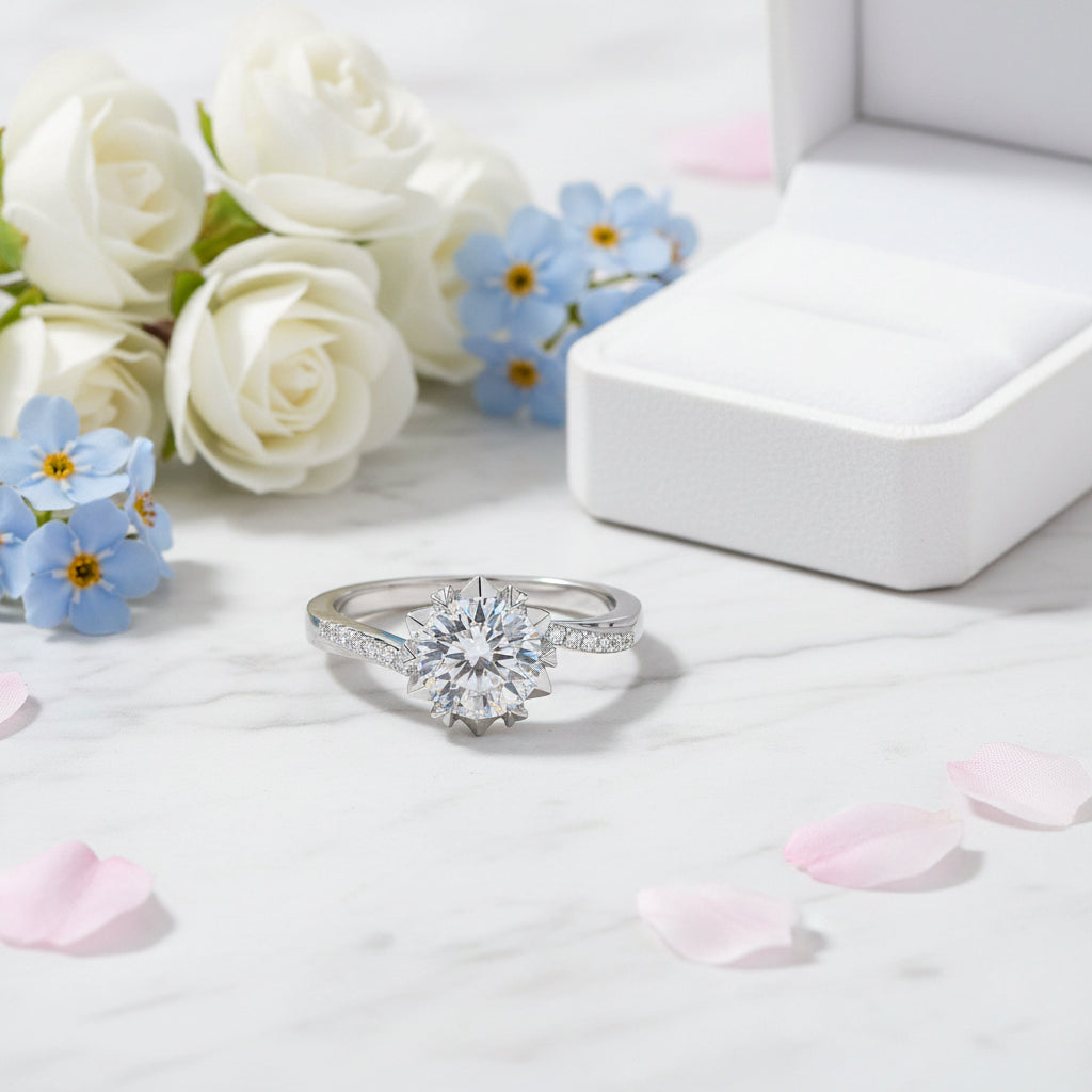 Snowflake Solitaire 2 Carat Moissanite Diamond Ring set in Platinum plated 925 Silver (GRA)
