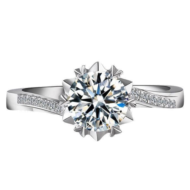 Snowflake Solitaire 2 Carat Moissanite Diamond Ring set in Platinum plated 925 Silver (GRA)