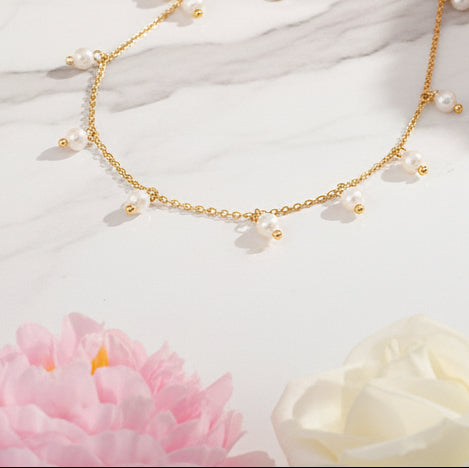 Italian Design Elegant Style Fresh Pearl Tassel Necklace set in 18K Gold Plating