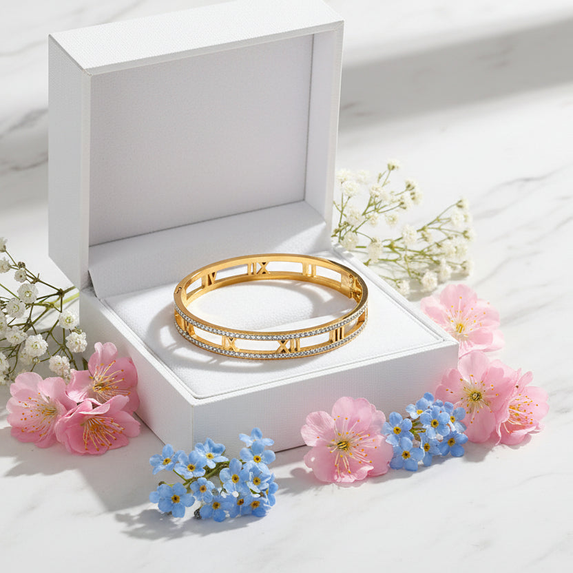 Roman Numerals Micro-Inlay Natural Zircon Gemstone Bracelet set in 18K Gold Plating