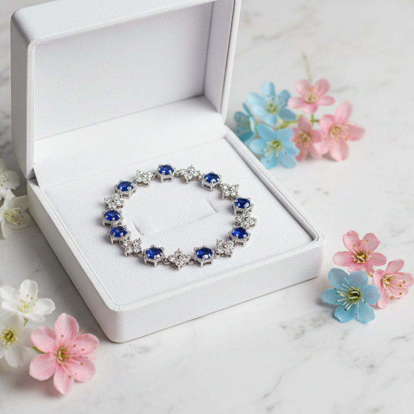 Stars and Flowers Inlaid Natural Zircon Gemstone Bracelet set in Platinum Plating
