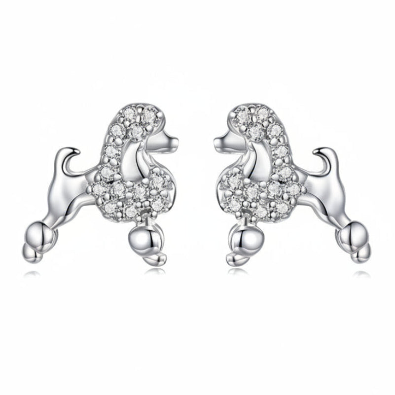 French Mini Poodle Design Micro Natural Zircon Gemstone Earrings set in Platinum 925 Silver
