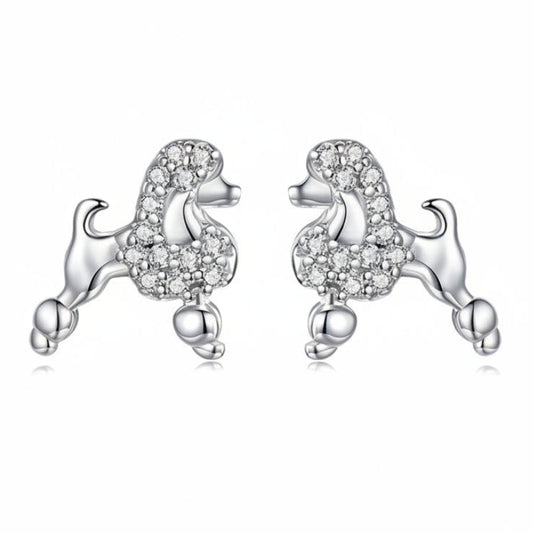 French Mini Poodle Design Micro Natural Zircon Gemstone Earrings set in Platinum 925 Silver