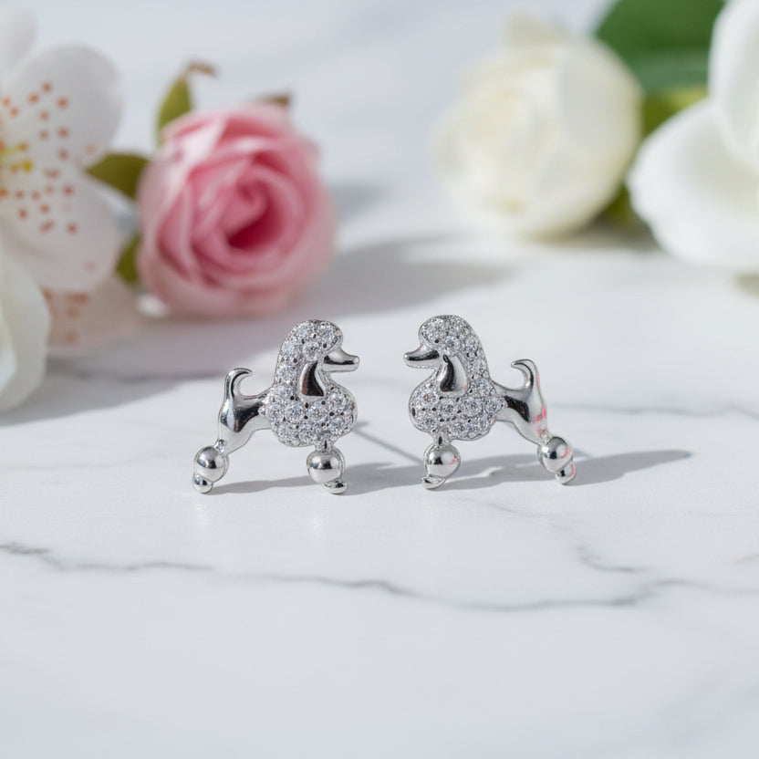 French Mini Poodle Design Micro Natural Zircon Gemstone Earrings set in Platinum 925 Silver