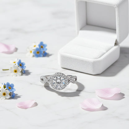 Italian Inspired Pavé Halo Solitaire 1 Carat Natural Zircon Gemstone Ring set in 18K White Gold Plated 925 Silver Capella Jewellery