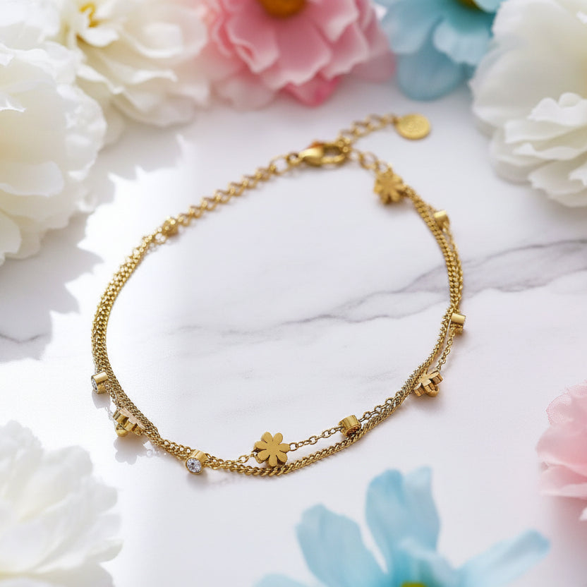French Chic Design (3 mm) Natural Zircon and Flower Charms Bracelet set in 18K Gold Plating