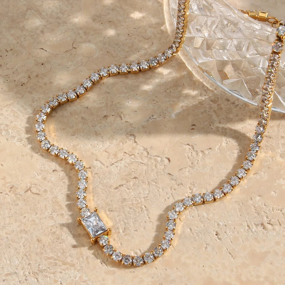 Square French Natural Zircon Gemstone Tennis Chain Bracelet/Necklace set in 18K Gold Plating Capella Jewellery