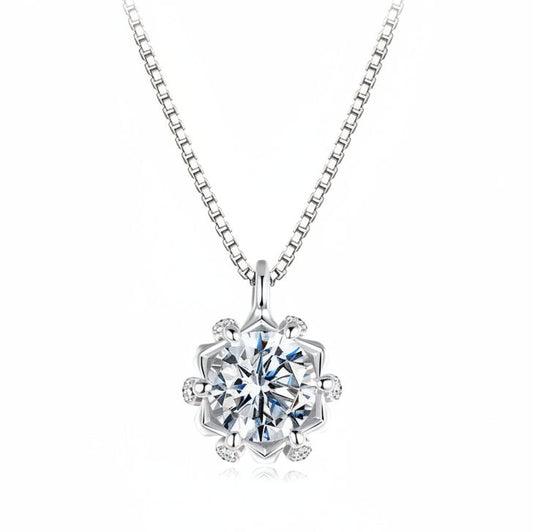 Winter Snowflake Inspired Halo 0.5 Carat Moissanite Diamond set in Platinum Plated 925 Silver (GRA)