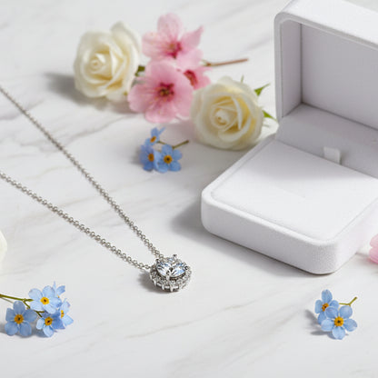 Italian Sunshine Halo Pendant 1 Carat Moissanite Necklace set in Platinum Plated 925 Silver (GRA) Capella Jewellery