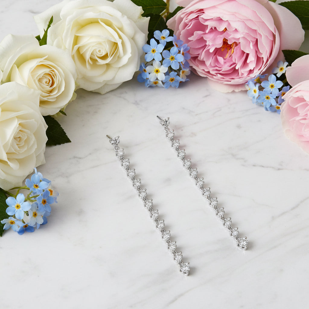 French Modern Tassel Design Natural Zircon Gemstone Earrings set in Platinum Plated 925 Silver