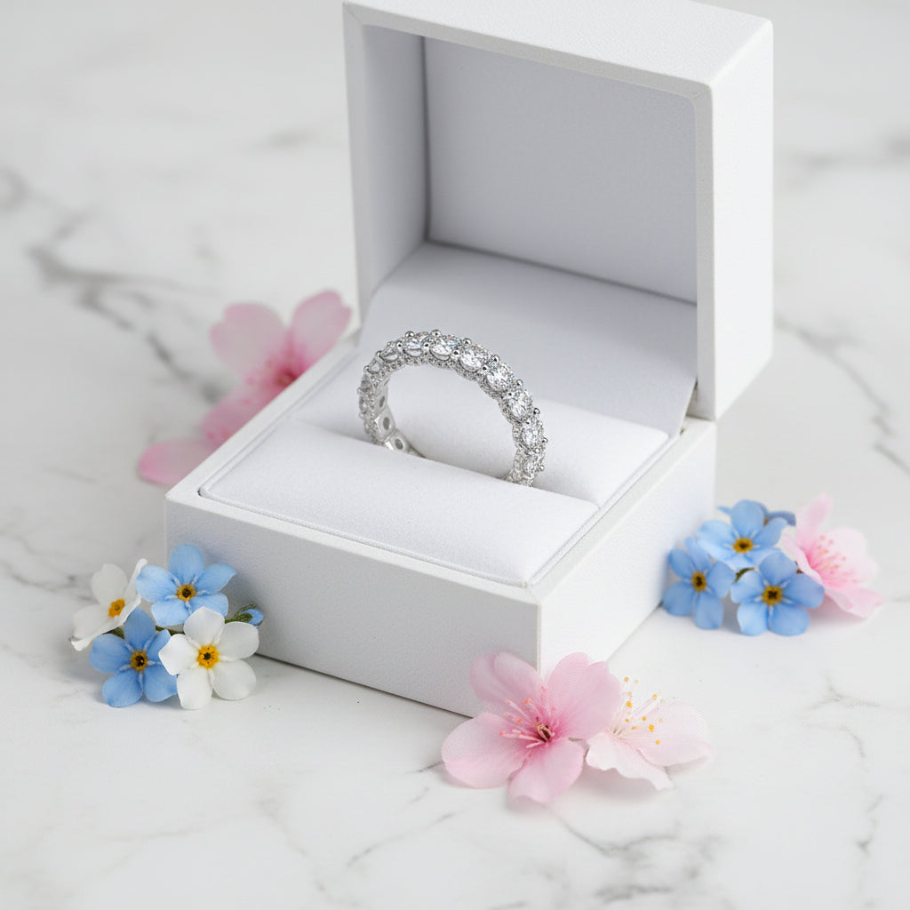 Eternity Ring Full Inlaid 2.1 Carat Moissanite Diamond set in 18K White Gold Plated 925 Silver (GRA)