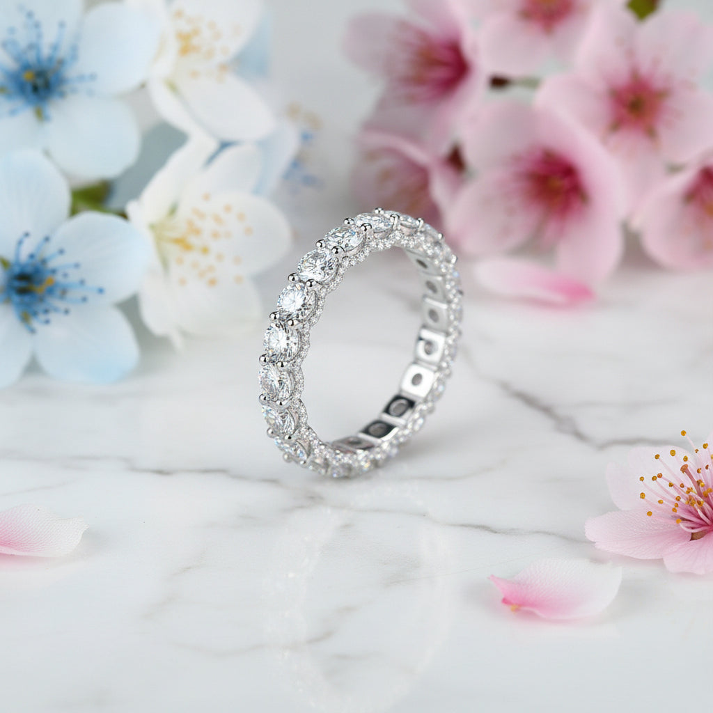 Eternity Ring Full Inlaid 2.1 Carat Moissanite Diamond set in 18K White Gold Plated 925 Silver (GRA)