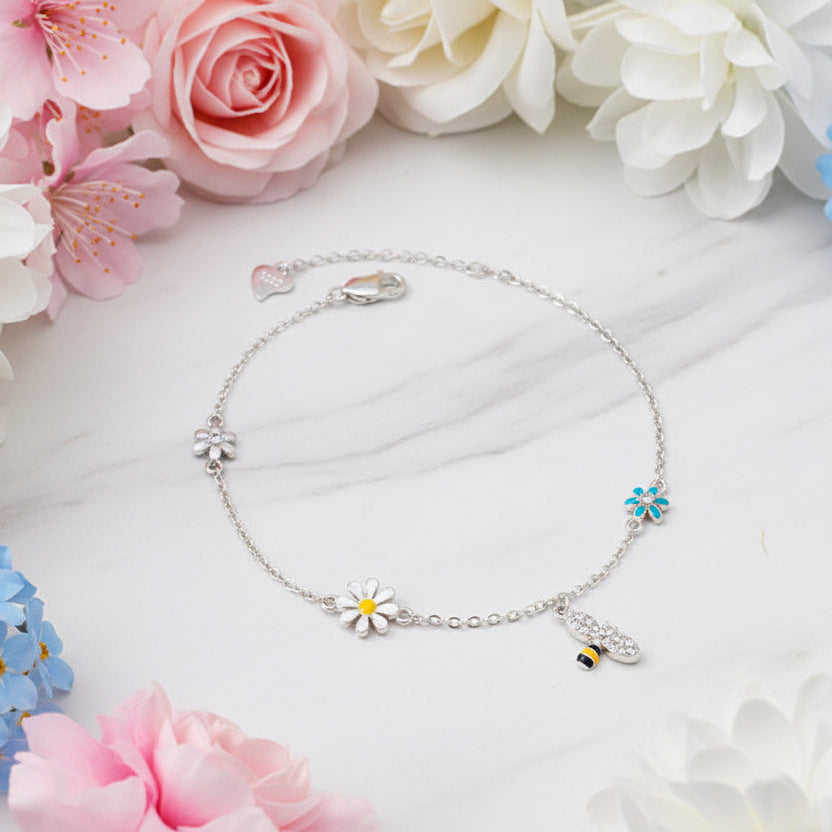 Beautiful Mori Sweet Summer Flowers Rhinestone Bracelet set in 925 Sterling Silver