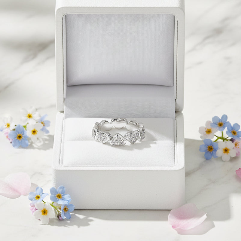 European Pavé Hearts Micro 90 Moissanite Diamond Ring 18K White Gold Plated 925 Silver (GRA)