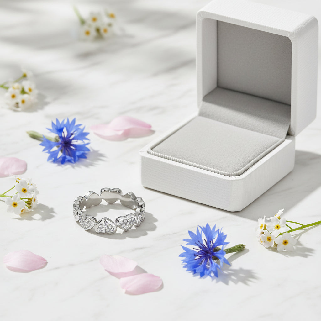 European Pavé Hearts Micro 90 Moissanite Diamond Ring 18K White Gold Plated 925 Silver (GRA)