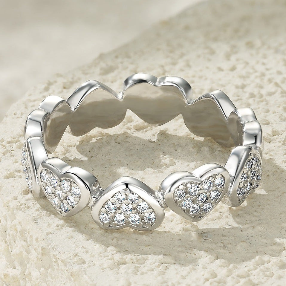 European Pavé Hearts Micro 90 Moissanite Diamond Ring 18K White Gold Plated 925 Silver (GRA)