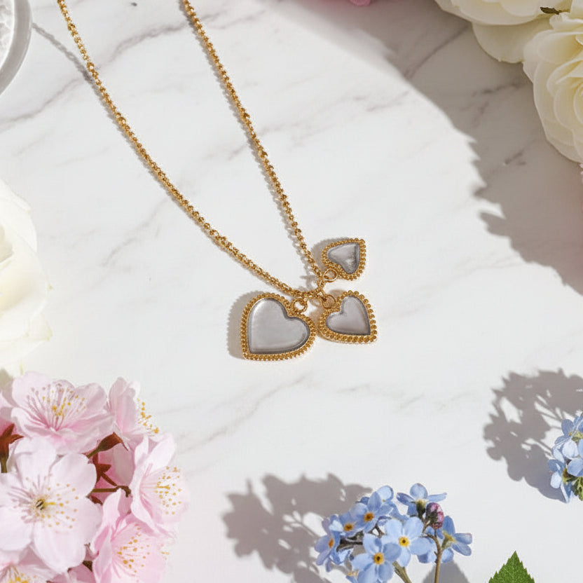 Italian Design Three Hearts Threaded Pendant Necklace set in 18K Gold Plating