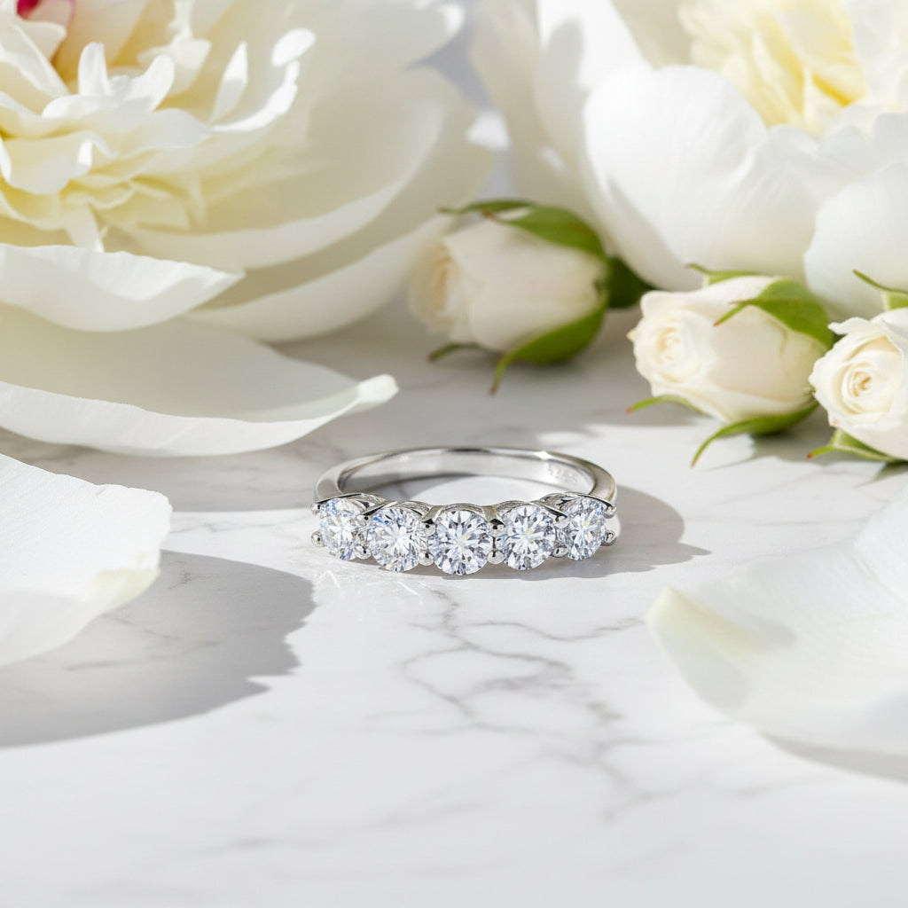 American Five Star Row Design 1.5 Carat Moissanite Diamond Ring set in Platinum Plated 925 Silver