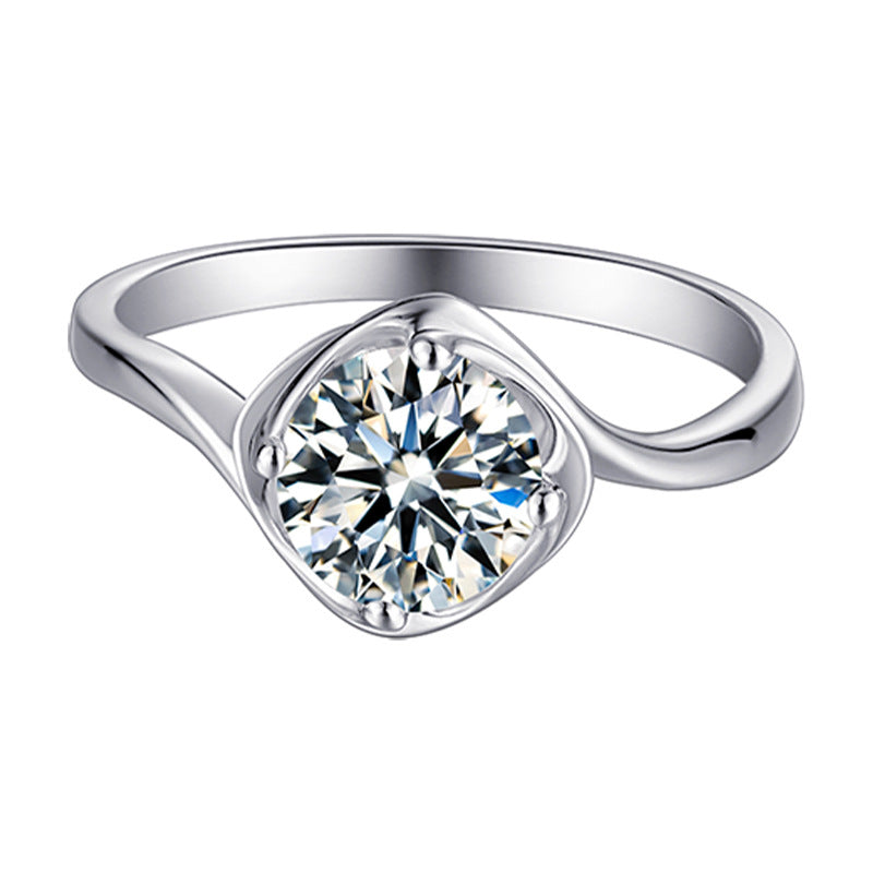 Italian Solitaire Twist Design 1 Carat Moissanite Ring set in 18K White Gold Plated 925 Silver (GRA)