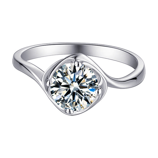 Italian Solitaire Twist Design 1 Carat Moissanite Diamond Ring set in 18K White Gold Plated 925 Silver (GRA)