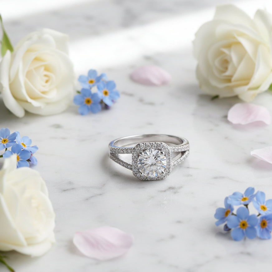 French Halo Pavé Design 1 Carat Moissanite Diamond Ring set in Platinum Plated 925 Silver (GRA)
