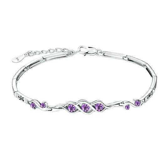French Purple Amethyst Three Life Stone Bracelet set in 18K White Gold Plated 925 Silver