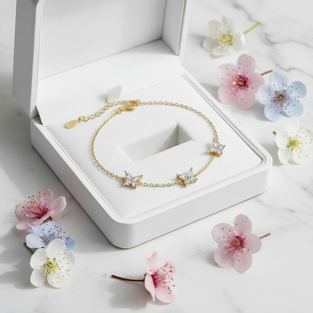 Three Butterfly Natural Zircon Gemstone Bracelet set in 18K White Gold Plated 925 Silver