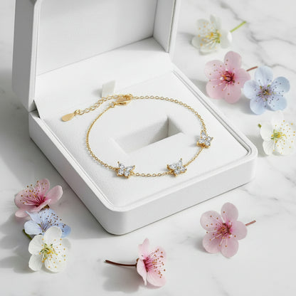 Three Delicate Butterfly Natural Zircon Gemstone Bracelet set in 18K White Gold Plated 925 Silver Capella Jewellery