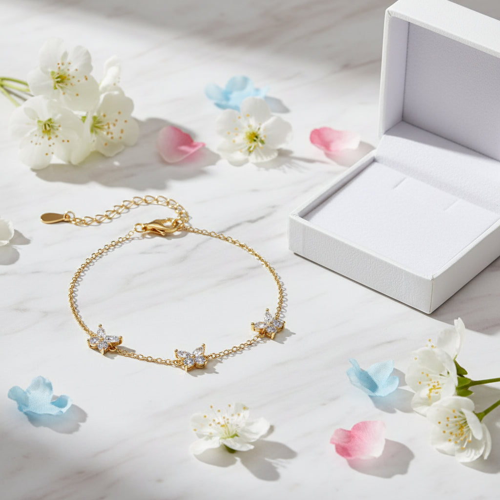 Three Butterfly Natural Zircon Gemstone Bracelet set in 18K White Gold Plated 925 Silver