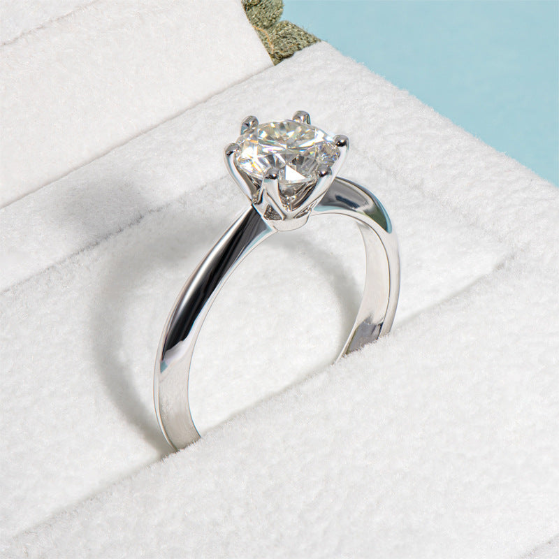 European Six Claw Engagement Ring 1 Carat Moissanite Diamond in 18K White Gold Plated 925 Silver