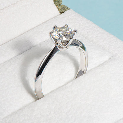European Inspired Six-Claw Solitaire Ring 1 Carat Moissanite in 18K White Gold Plated 925 Silver Capella Jewellery