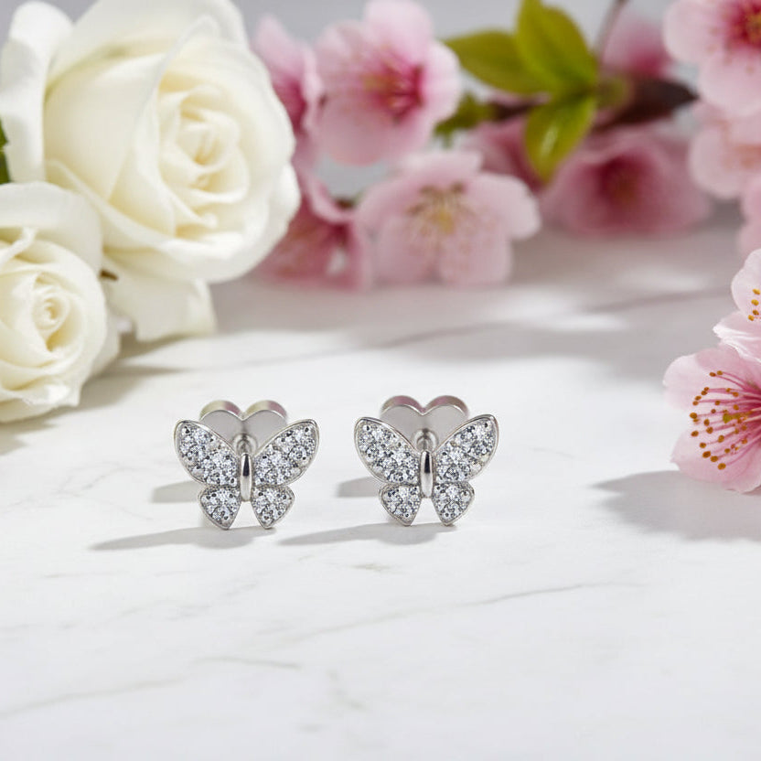 Mosaic Butterfly Micro Moissanite Diamond Earrings set in Platinum Plated 925 Silver (GRA)