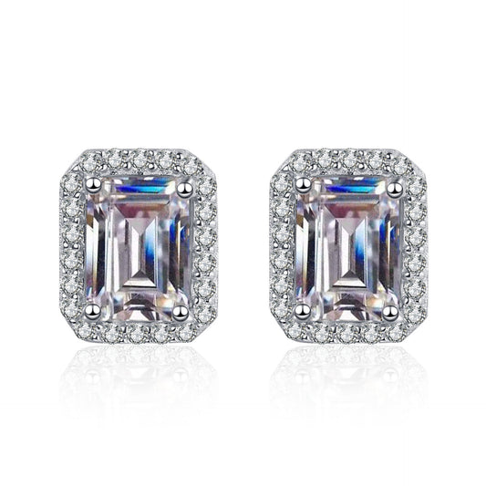 Italian Large Emerald Cut 4 Carat Moissanite Diamond Earrings in 18K White Gold Plated 925 Silver (GRA)
