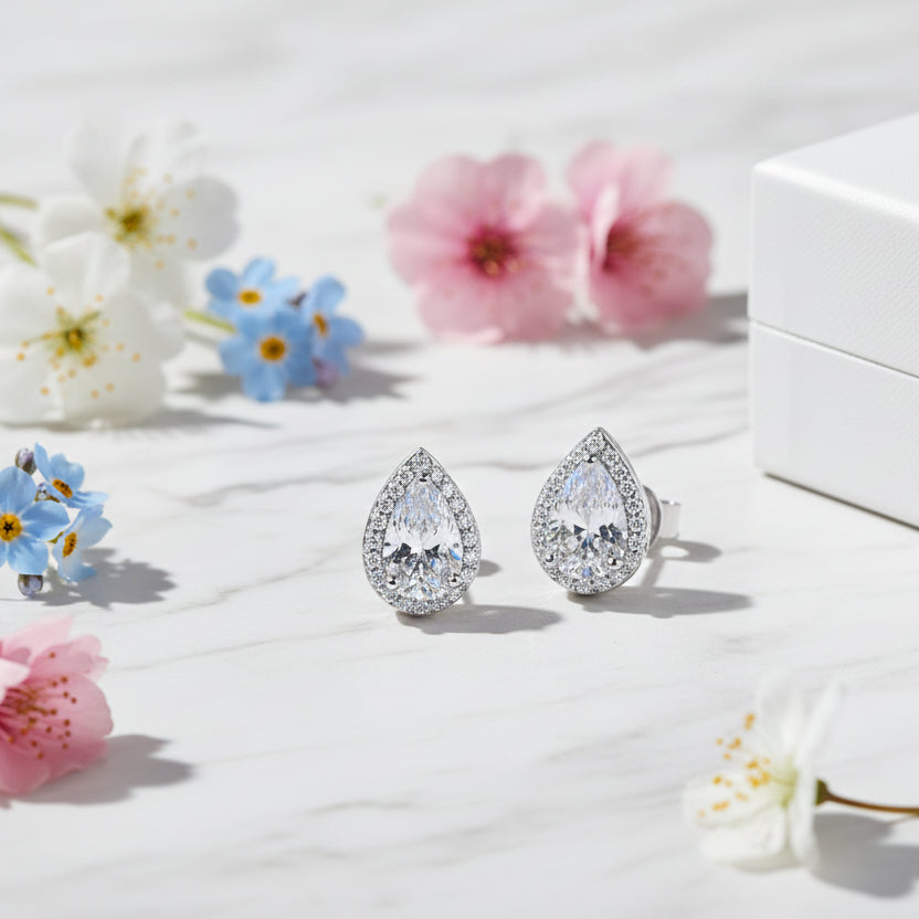 Italian Water Drop Design Halo 2 Carat Moissanite Diamond Earrings set in 925 Silver (GRA)